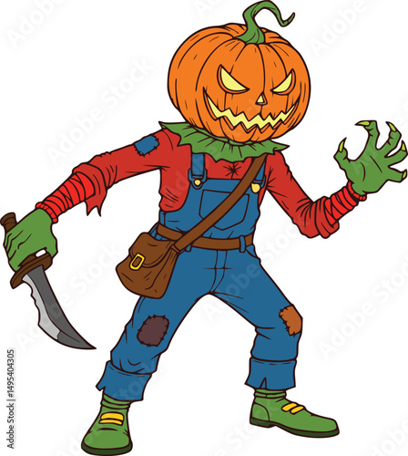 Scary cartoon pumpkin head character holding a knife with a gnarled hand spooky halloween illustration concept