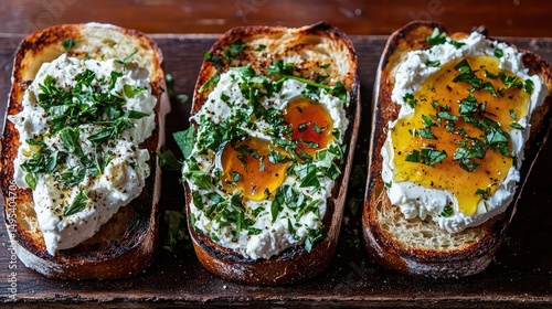 vibrant assortment of tartines topped with fresh herbs, goat cheese, and a drizzle of honey for a sweet and savory balance.