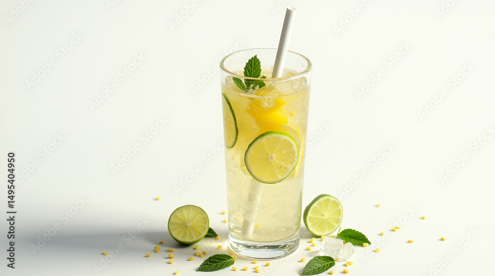 Fototapeta premium Citrus lemonade with lime, mint, and ice in a glass on a light background