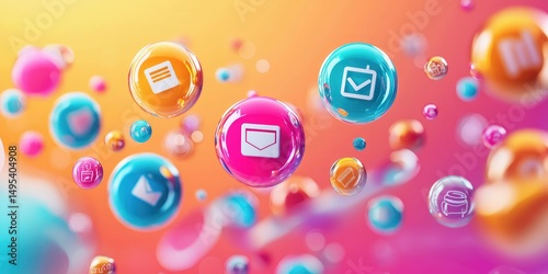 Vibrant background with floating discount bubbles and product icons Stock