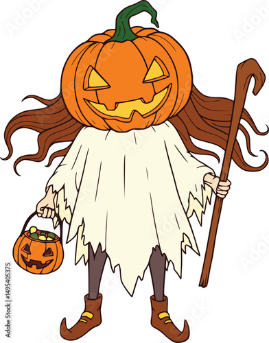 Halloween pumpkin head character in tattered robe holding magical staff and candy basket for trick-or-treat fun
