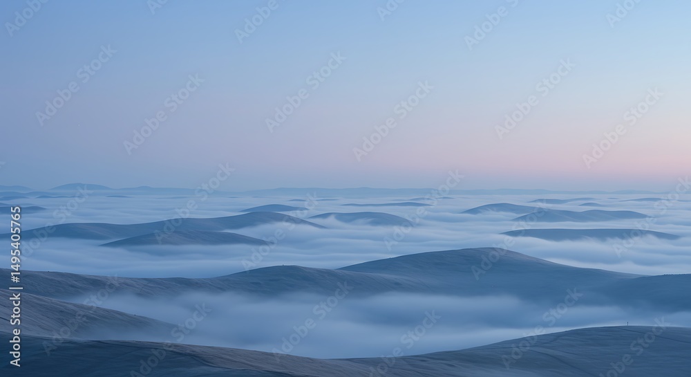 Obraz premium A mesmerizing view of rolling hills enveloped in a sea of mist under a serene sky. The soft hues of the sky create a sense of peace and tranquility, making this landscape a sight to behold.