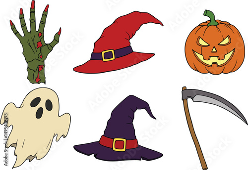 Cartoon halloween icon collection featuring zombie hand, witch hats, ghost, jack-o'-lantern, and scythe illustrations