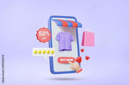 3D Vector Illustration Render Ecommerce Showing Mobile Online Shopping Store With Clothes, BUY NOW Sign, Hand Click, Heart, 50% OFF, 5 Stars and Shopping Bag. Shopping Concept, Promotion and Rating.