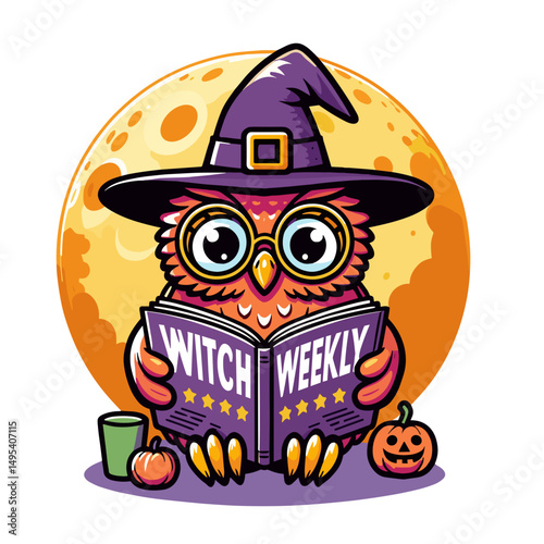 Cartoon owl in witch hat reading magazine under full moon, colored vector on transparent background, Halloween humorous mood