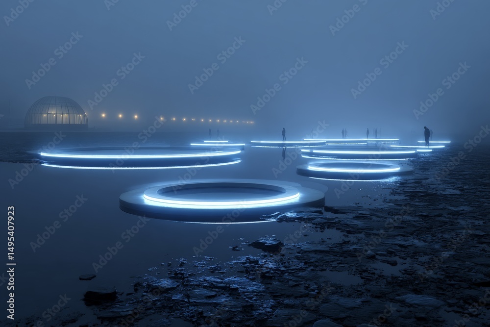 Obraz premium Mysterious night scene of illuminated floating circles on water with figures in fog
