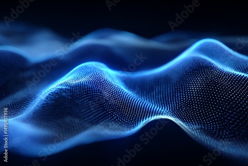 Digital waves flow in a captivating blue glow, showcasing intricate patterns and textures under dark background lighting