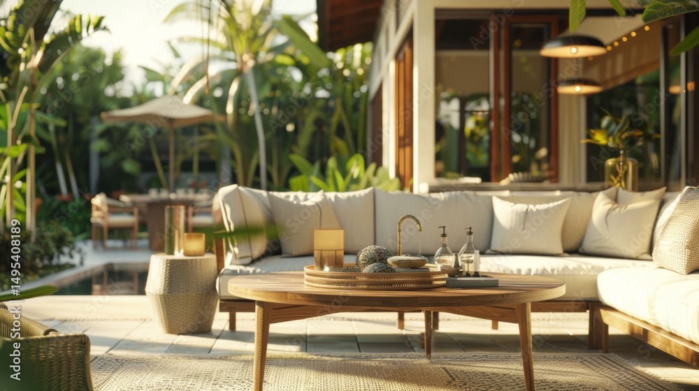 Fototapeta premium An outdoor furniture display, featuring stylish patio sets and accessories that promise comfort and elegance in outdoor living spaces. 8k, realistic, full ultra HD, high resolution, and cinematic phot