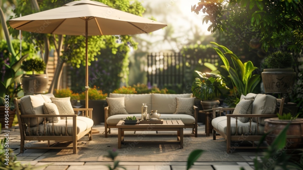 Fototapeta premium An outdoor furniture display, featuring stylish patio sets and accessories that promise comfort and elegance in outdoor living spaces. 8k, realistic, full ultra HD, high resolution, and cinematic phot