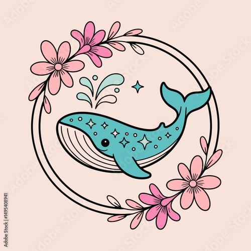 Cute Whale with Flowers Cartoon Illustration