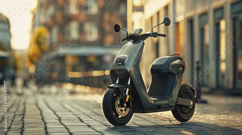 An ultra HD image of a sleek, modern electric scooter parked in an urban setting, focusing on its design and the technology that makes it a clean, efficient mode of transportation.