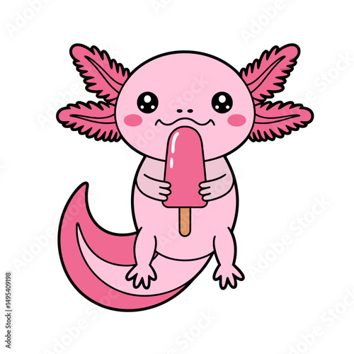 Cute Pink Axolotl Eating Popsicle Cartoon Illustration