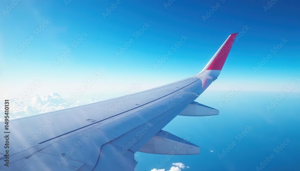 Fototapeta premium Airplane wing against blue sky, showcasing aerodynamic design, sky, wingspan