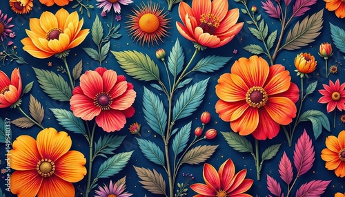 Intricate floral textile design, repeating seamlessly , leaves, repeat pattern, summer