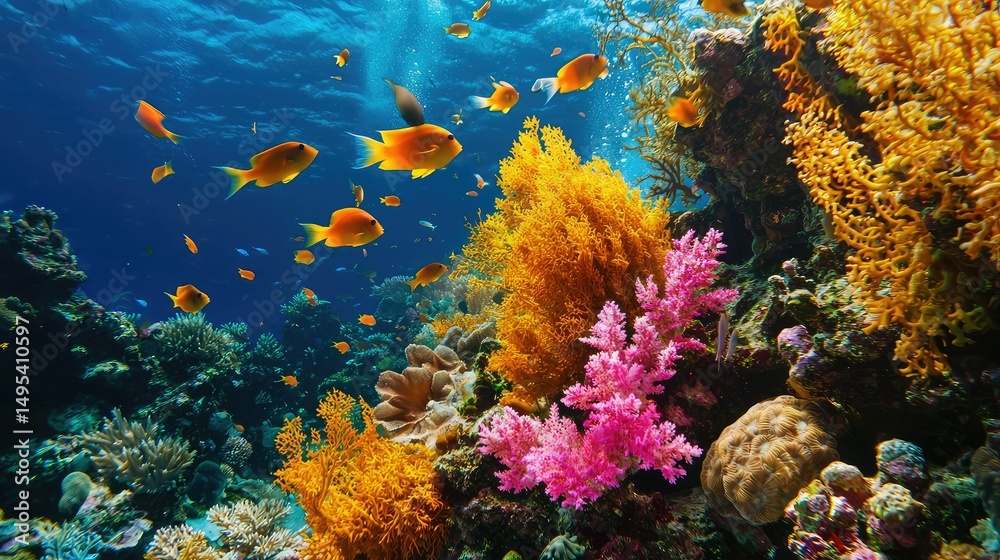 Naklejka premium vibrant coral garden under the ocean, filled with a variety of colorful corals, fish, and invertebrates living in harmony.