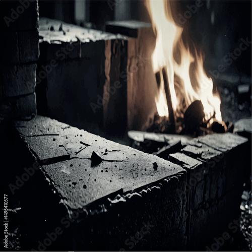 A fiery blaze illuminates a dark, rustic stone structure, casting an intense glow on the rough textures of the bricks and mortar, creating a dramatic and moody scene.
