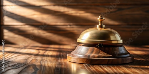 A Polished Brass Service Bell Rests on a Dark Wood Surface, Bathed in Warm Sunlight