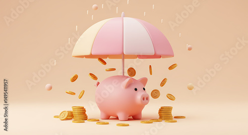 Pink piggy bank with an umbrella offers protection from rain for savings and finance