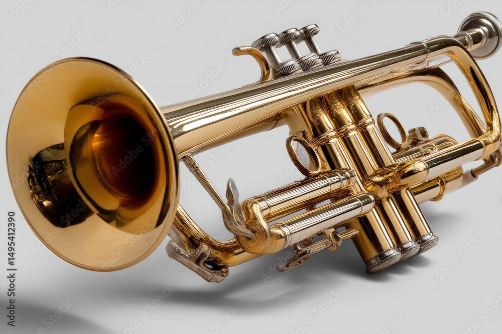 Naklejka premium Brass trumpet resting on a clean surface showcasing its elegant design and shiny finish