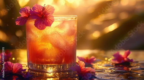Vibrant fruit cocktail with hibiscus garnish, glowing in golden hour light