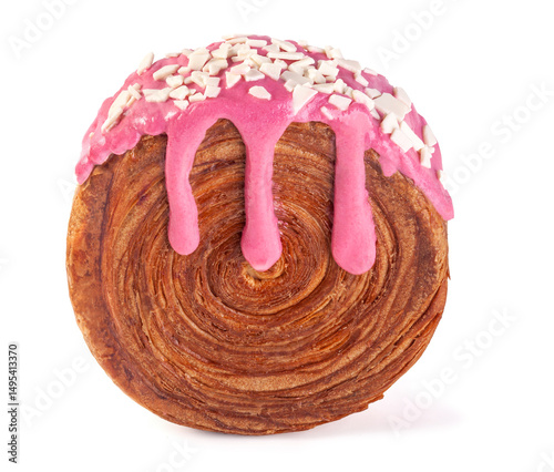 Creme-filled circular croissants (summer berries) with filling and pink strawberries glaze. Round French or New-York Roll croissants isolated on white background