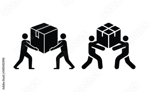 Icon set depicts people carrying cardboard boxes, moving service, delivery service