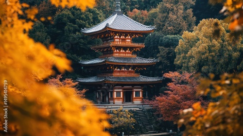 A serene autumn view of a majestic pagoda amidst vibrant foliage