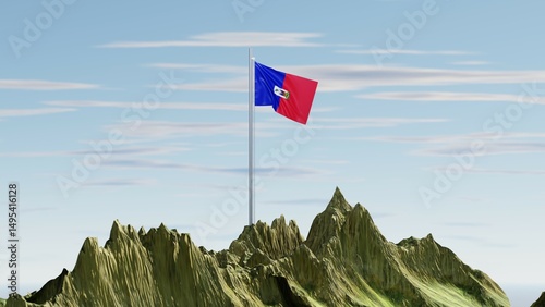 3D rendering of the Haiti national flag with blue and red horizontal bands and a centered coat of arms on a white panel, waving atop a snow-covered mountain peak, representing national strength and pr