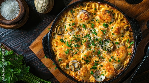 vibrant overhead shot of a delicious seafood casserole featuring steamed clams, linguini, and a sprinkle of fresh parsley on top.