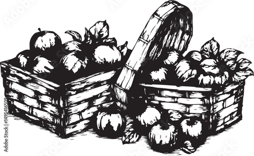 Vintage woodcut illustration of people harvesting wheat with an old farm cart adorned with flowers