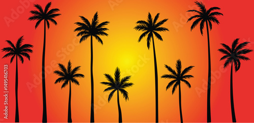 sunset palm tree set vector illustration silhouette
