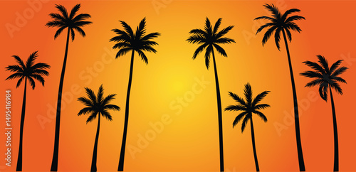 sunset palm tree set vector illustration silhouette