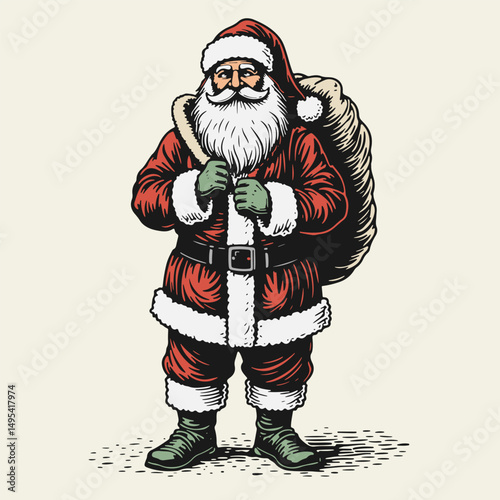 Vintage color illustration in linocut style full-length Santa Claus with a sack. Hand-drawn, bold contrast, retro design, perfect for colored holiday prints.