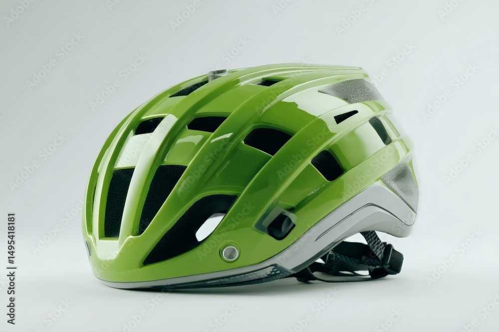 Fototapeta premium Green cycling helmet designed for safety and comfort features modern ventilation and padding suitable for various biking activities
