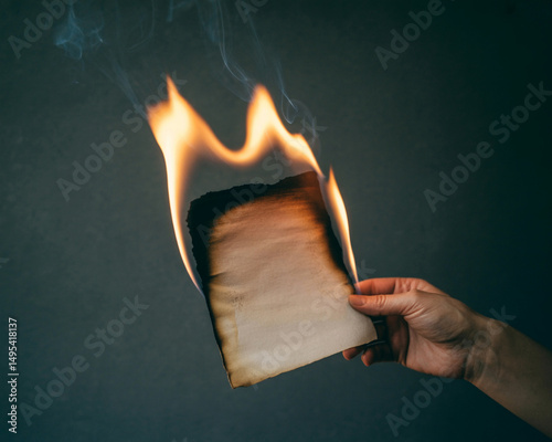 A photograph of a hand gently holding a single sheet of paper consumed by flames