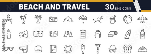 Beach and Travel Essentials Outline Icon Set Featuring Sunhat, Sunglasses, Beach Ball, Flip Flops, Luggage, Passport, Map, Camera, Sunscreen, Water Bottle, Swimwear, Sandals, Backpack