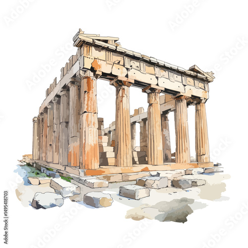 Ancient Greek Temple Ruins in a Watercolor Style