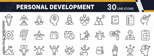 Personal Development and Growth Outline Icon Set Featuring Self-Improvement, Goal Setting, Learning, Motivation, and Productivity Symbols for Success