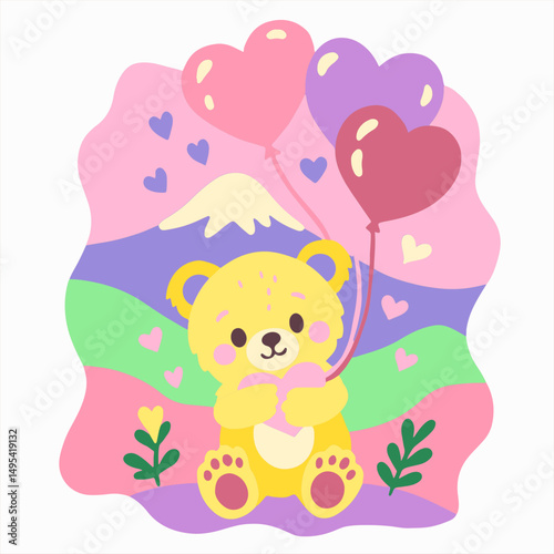 Layered paper cut design of a cute bear with heart balloons in pastel landscape. Adorable 3D shadow box for kids room or Valentine decor.