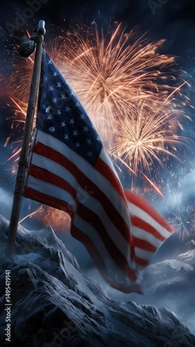 American Flag on Snowy Mountain Peak with Fireworks