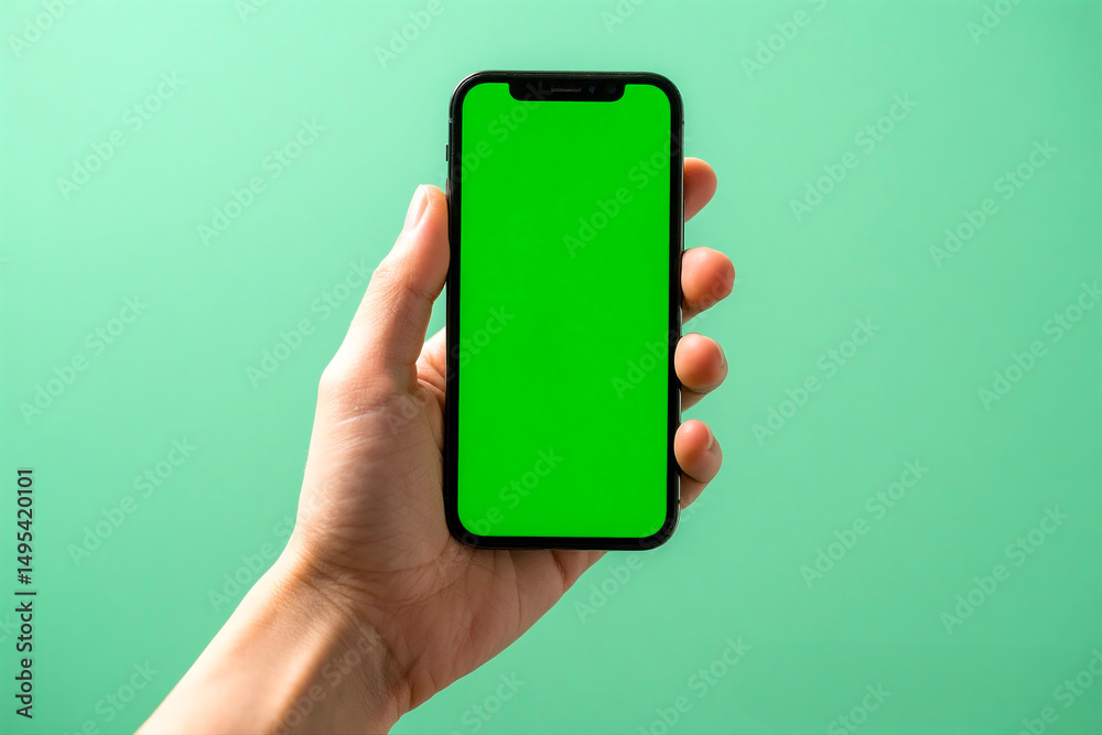 Hand holding smartphone with green screen display. Focus selected Hand holding smartphone with green screen display. Focus selected