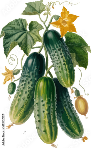 Realistic botanical illustration of cucumber vine with fruit and yellow flowers. Ideal for farm, gardening, or wellness themes.