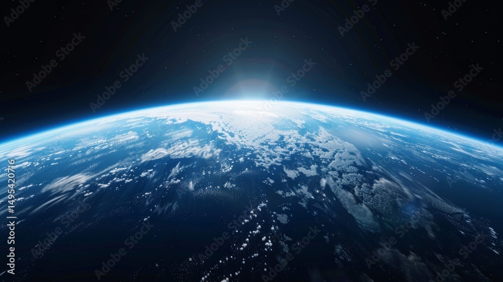 Fototapeta premium The curve of the earth seen from high above, the atmosphere a thin blue line against the blackness of space. Continents and oceans are visible far below, with clouds drifting across the surface. The i