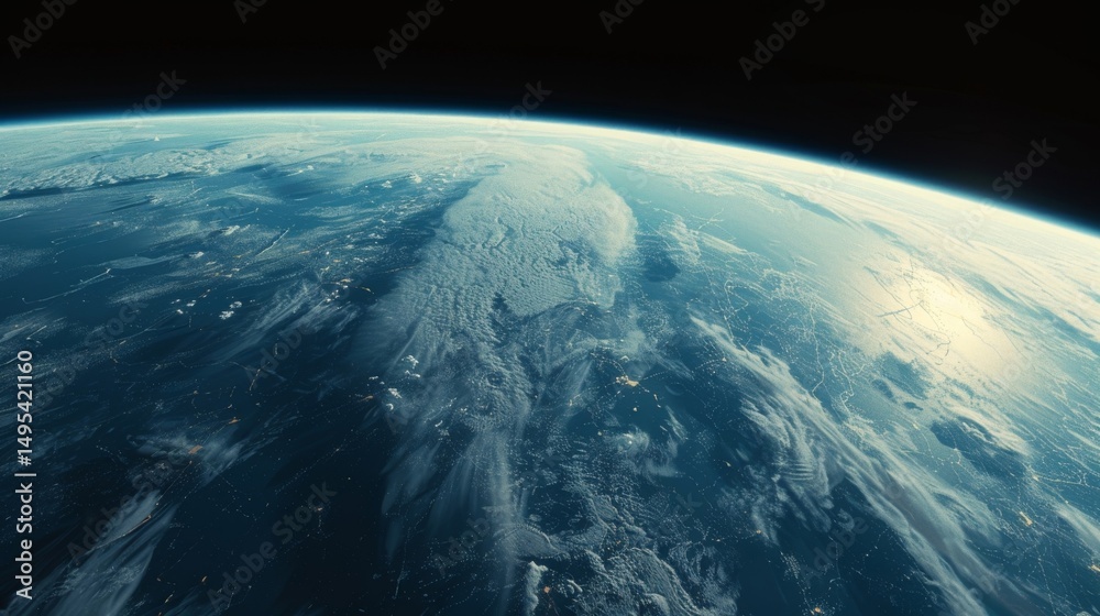 Fototapeta premium The curve of the earth seen from high above, the atmosphere a thin blue line against the blackness of space. Continents and oceans are visible far below, with clouds drifting across the surface. The i