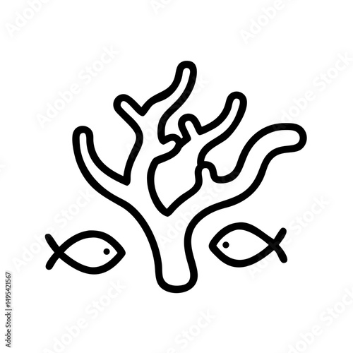 Coral reef with fish illustrated in minimalist line art style  