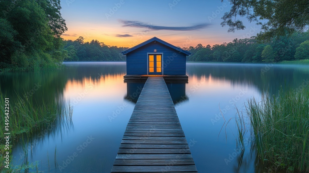 Fototapeta premium Tranquil lake house at sunrise