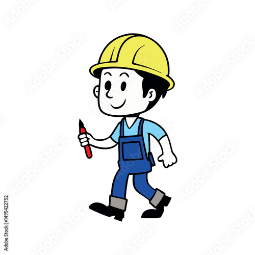 Cartoon Builder in Blue Overalls is Walking with a Marker