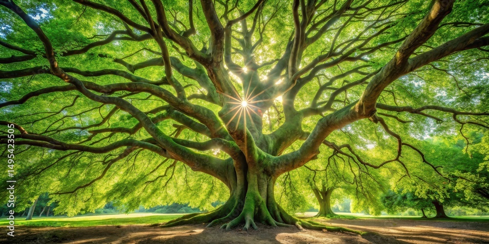 Fototapeta premium Majestic Ancient Tree Basking in Sunlight's Embrace, Lush Green Canopy Providing Shade and Serenity in a Tranquil Meadow