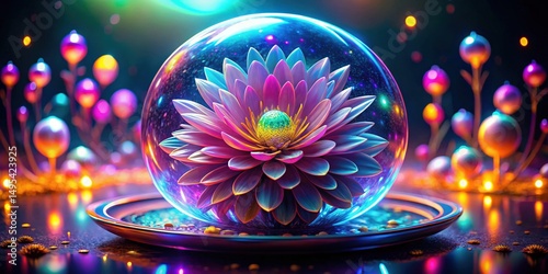 Vibrant Neon Flower Encased in Glass Orb, Fantasy Art