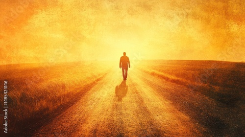 Solitary figure walking a golden path